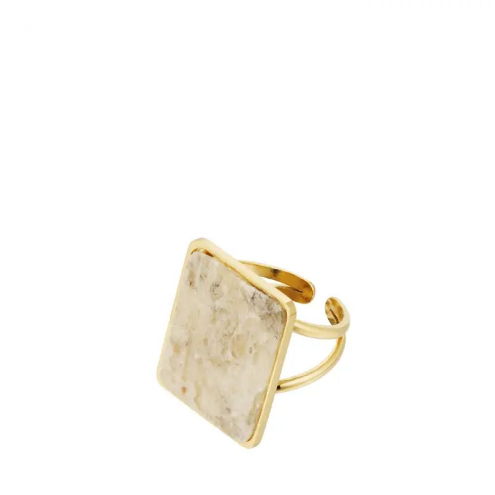 Bague pierre carrée - dorée/beige