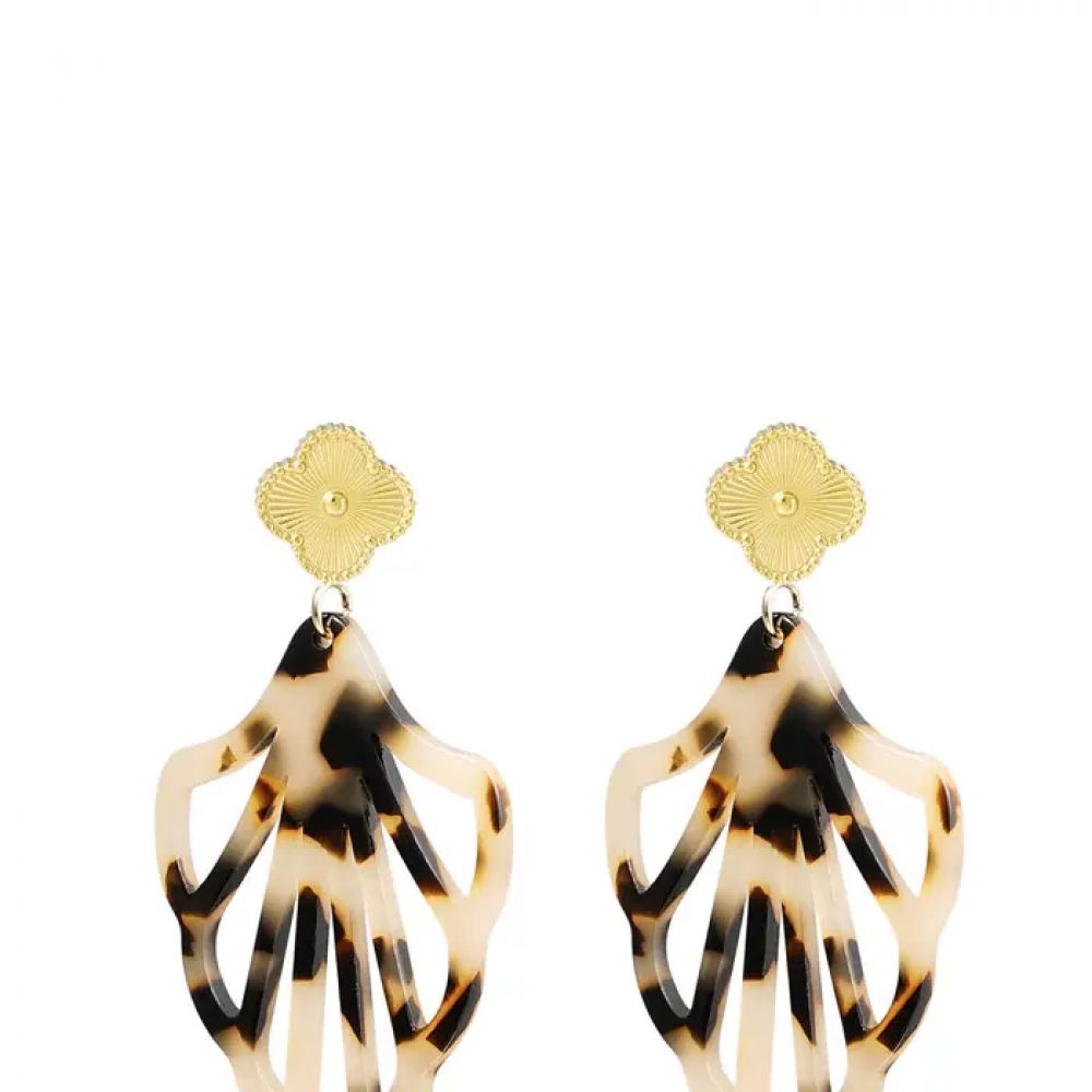 Boucles d'oreilles trèfle et coquillage avec imprimé - beige