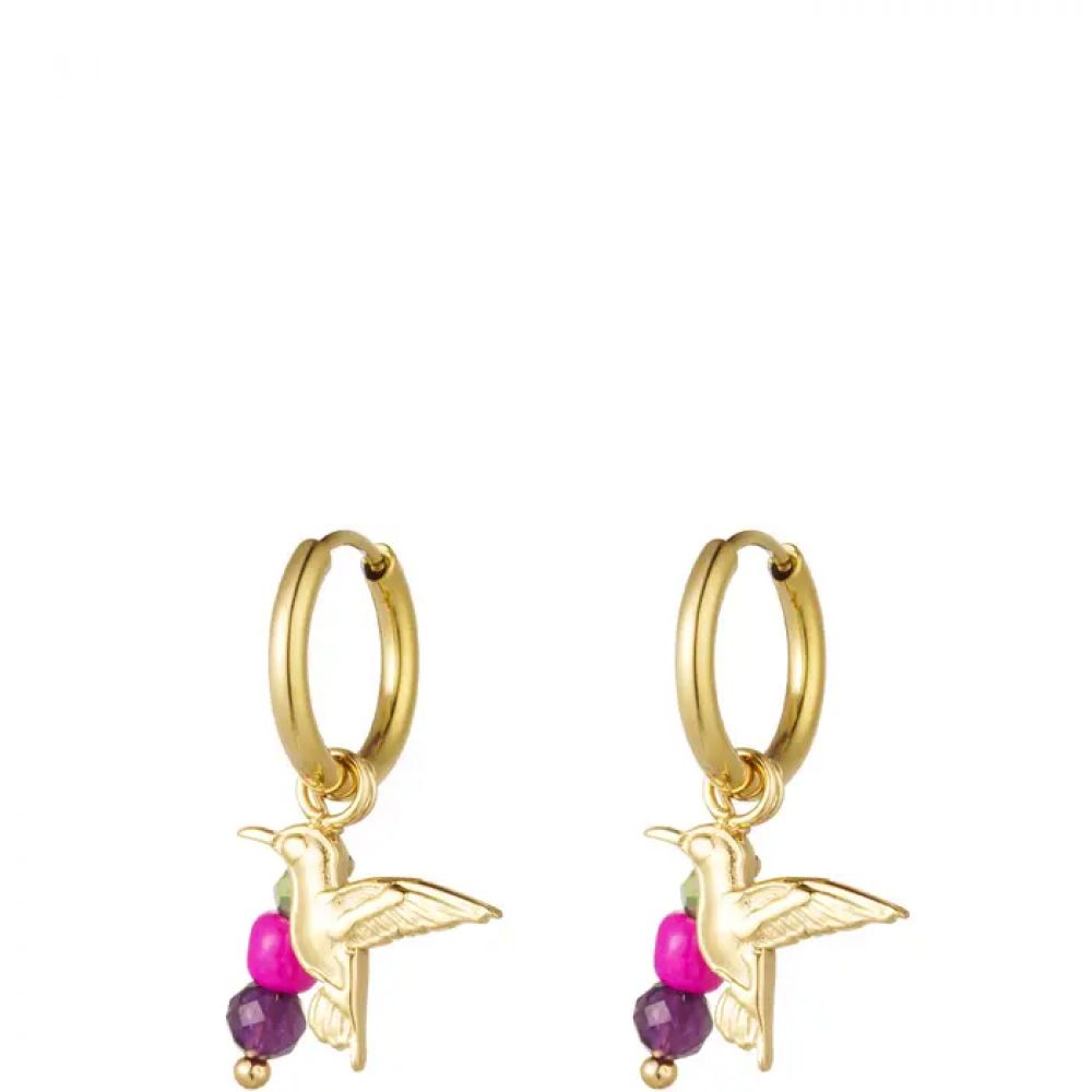 Boucles d'oreilles avec colibri tricotant pierre naturelle - doré
