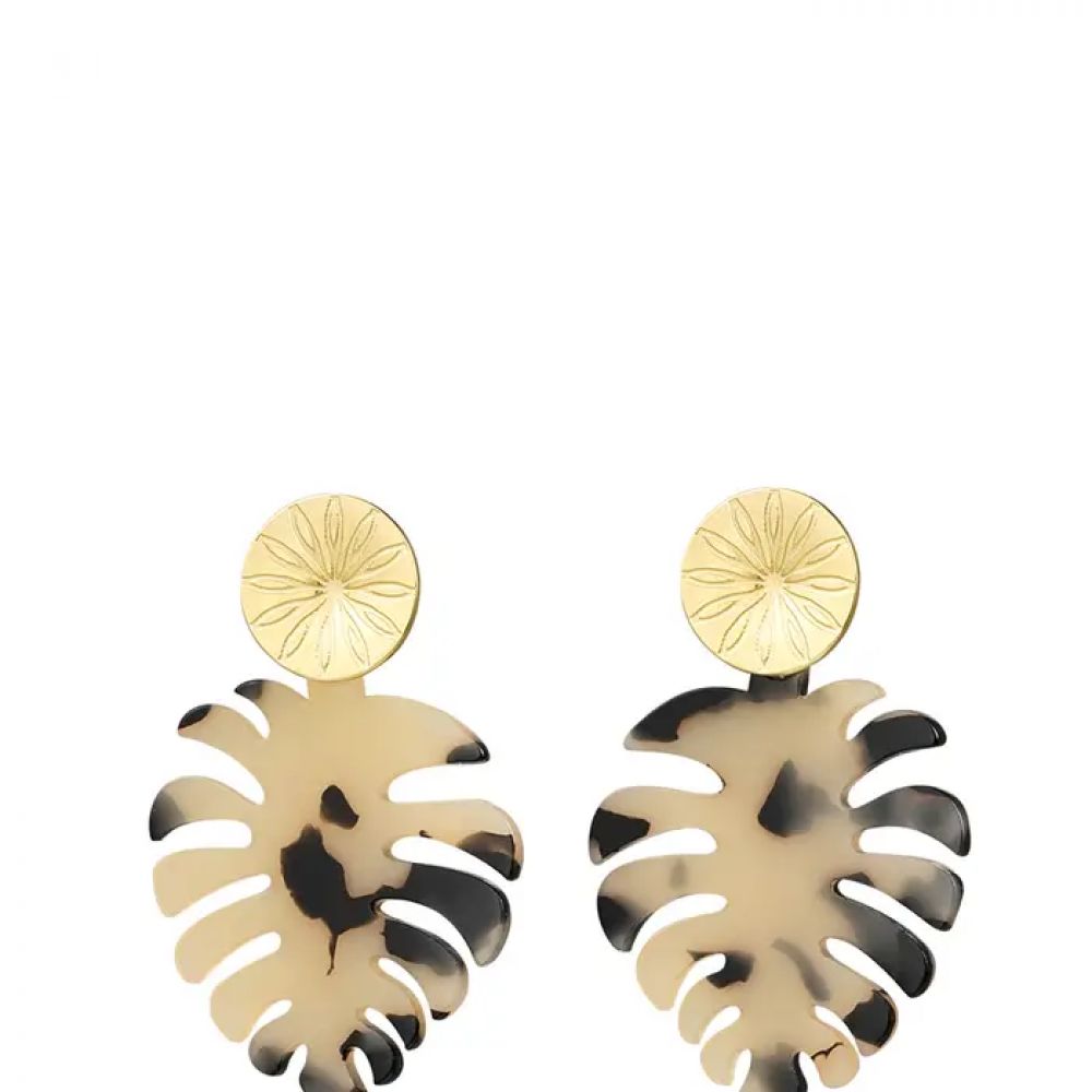 Boucles d'oreilles feuilles avec imprimé - doré/beige