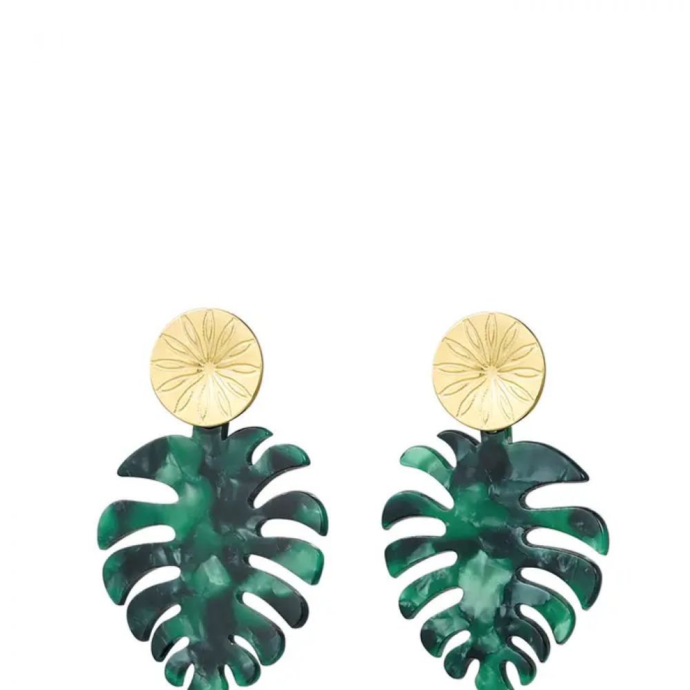 Boucles d'oreilles feuilles avec imprimé - doré/vert