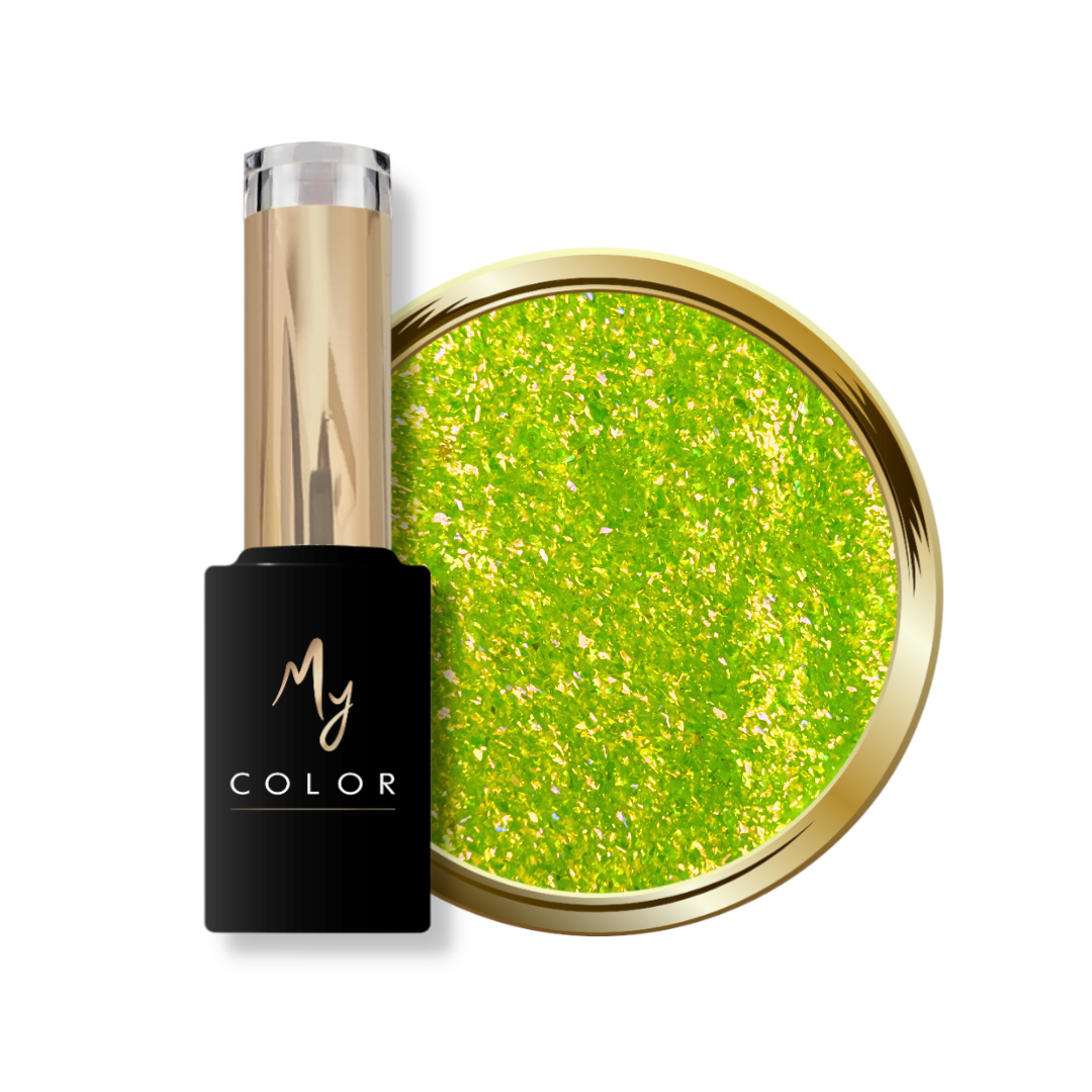 Vernis semi-permanent néon jaune vert pailleté